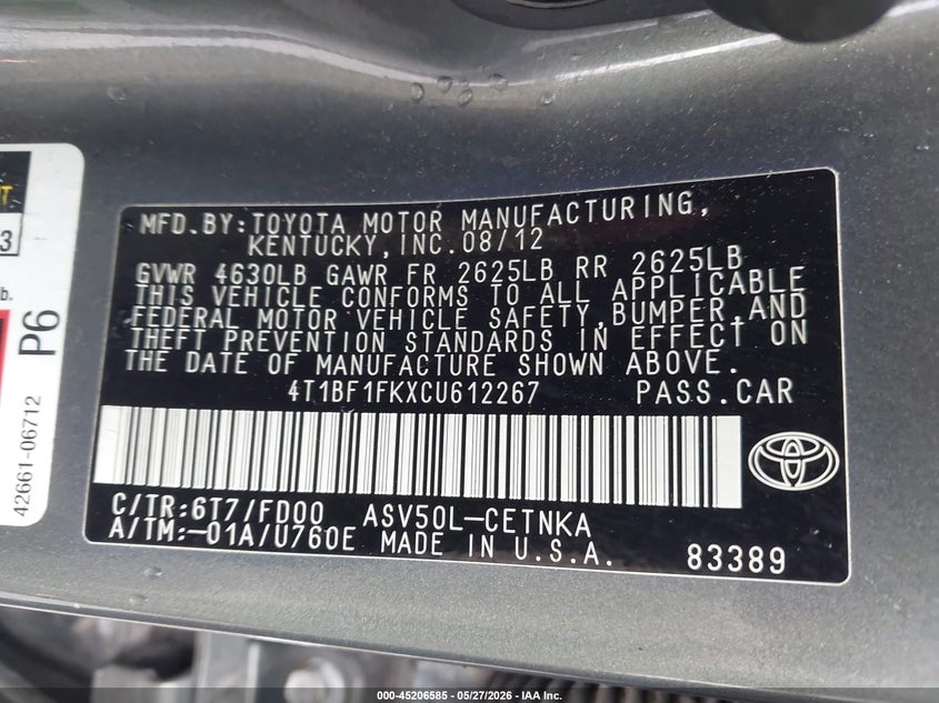 2012 Toyota Camry VIN 4T1BF1FKXCU612267 IAAI salvage auction — REAR END, Salvage Title, sold $2,450 on 2026-07-23 (photo 9)