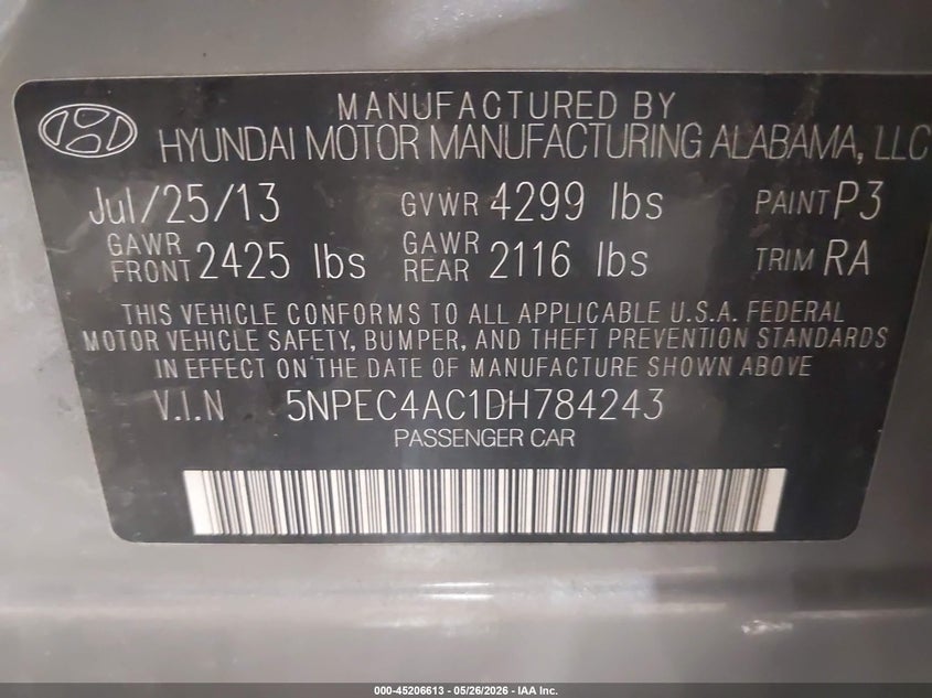 2013 Hyundai Sonata VIN 5NPEC4AC1DH784243 IAAI salvage auction — FRONT END, Prior Salvage (Minnesota), sold $800 on 2026-07-09 (photo 9)