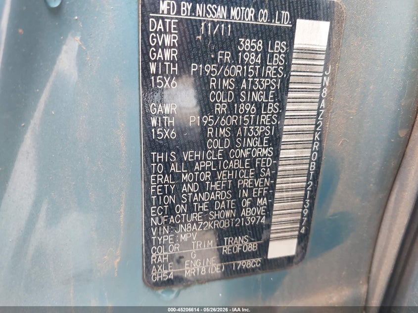 2011 Nissan Cube VIN JN8AZ2KR0BT213974 IAAI salvage auction — FRONT END, Salvage (Alabama), sold $100 on 2026-07-07 (photo 9)