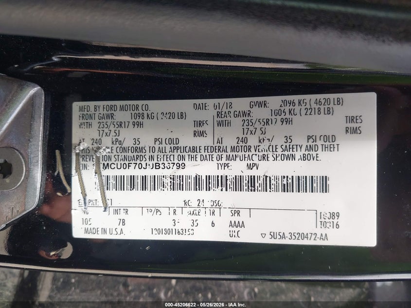 2018 Ford Escape VIN 1FMCU0F70JUB36799 IAAI salvage auction — UNKNOWN, Salvage (Illinois), sold $850 on 2026-07-28 (photo 9)