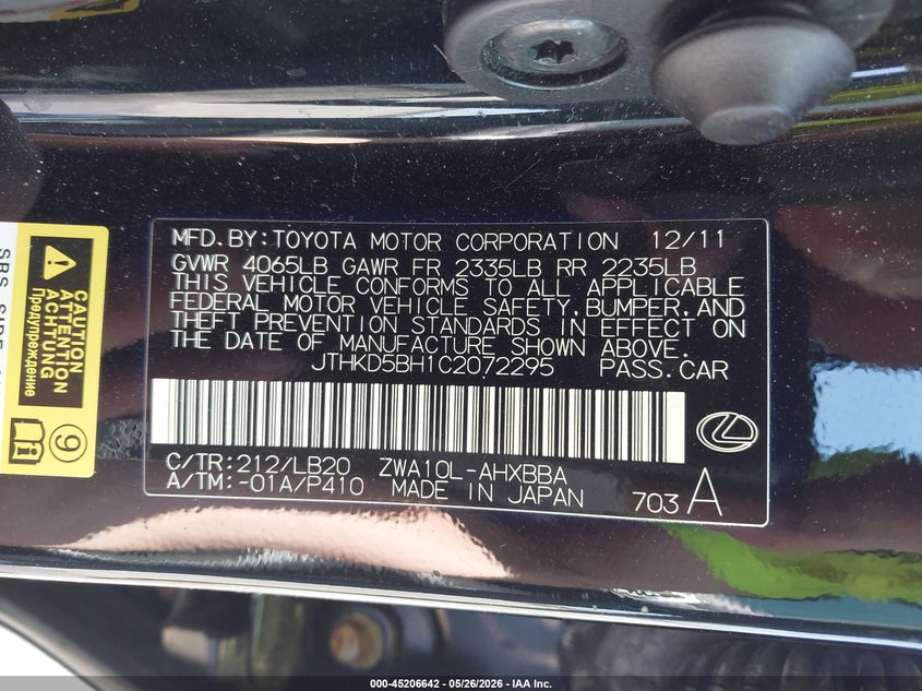 2012 Lexus Ct VIN JTHKD5BH1C2072295 IAAI salvage auction — FRONT END, Salvage (Nebraska), sold $1,100 on 2026-07-23 (photo 9)