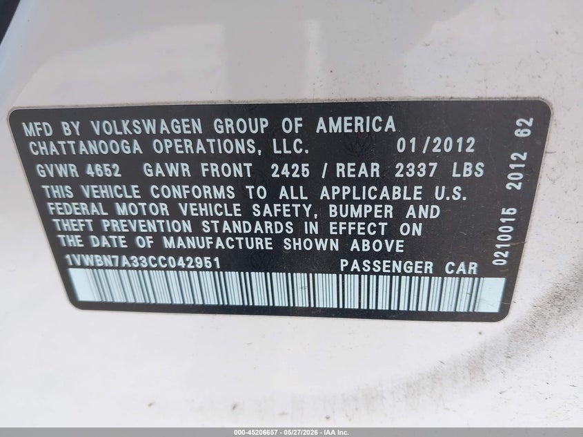 2012 Volkswagen Passat VIN 1VWBN7A33CC042951 IAAI salvage auction — FRONT END, Salvage (Oregon), sold $1,400 on 2026-07-09 (photo 9)