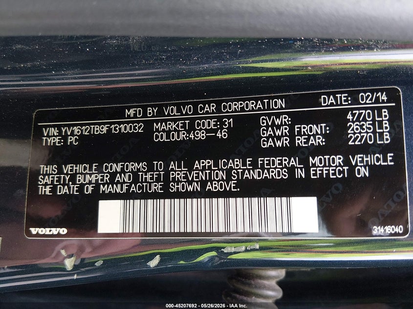 2015 Volvo S60 VIN YV1612TB9F1310032 IAAI salvage auction — FRONT END, Salvage (Louisiana), sold $600 on 2026-07-20 (photo 9)