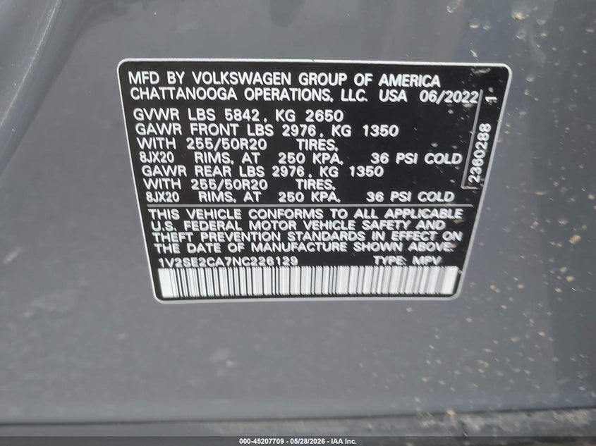 2022 Volkswagen Atlas cross sport VIN 1V2SE2CA7NC226129 IAAI salvage auction — FRONT END, Wait Title, sold $8,100 on 2026-08-27 (photo 9)