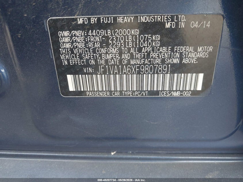 2015 Subaru Wrx VIN JF1VA1A6XF9807891 IAAI salvage auction — RIGHT FRONT, Salvage Certificate (California), sold $4,400 on 2026-07-08 (photo 9)