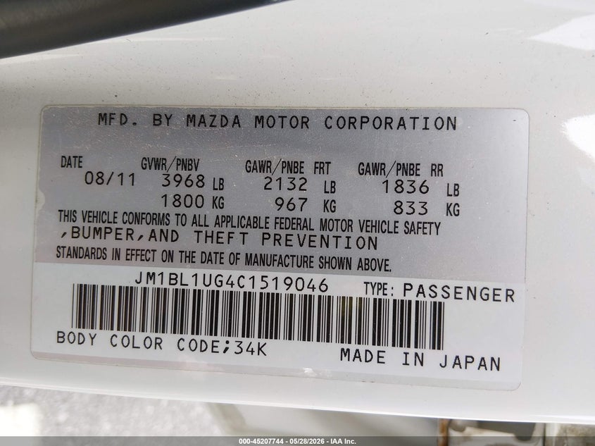 2012 Mazda 3 VIN JM1BL1UG4C1519046 IAAI salvage auction — FRONT END, Salvage Title, sold $500 on 2026-07-14 (photo 9)