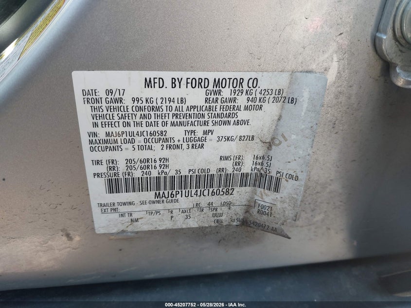 2018 Ford Ecosport VIN MAJ6P1UL4JC160582 IAAI salvage auction — FRONT END, Salvage Title, sold $25 on 2026-07-28 (photo 9)