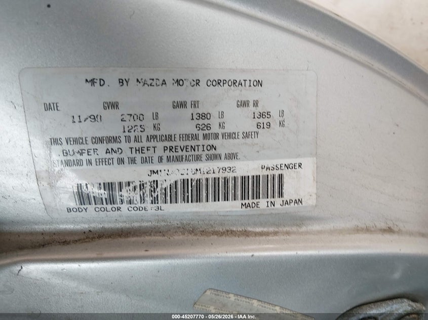 1991 Mazda Mx-5 VIN JM1NA3516M1217932 IAAI salvage auction — FRONT END, Bill Of Sale (Washington), sold $1,650 on 2026-07-15 (photo 9)