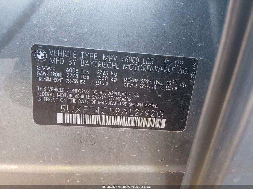 2010 BMW X5 VIN 5UXFE4C59AL279215 IAAI salvage auction — RIGHT REAR, Salvage (Arizona), sold $475 on 2026-07-21 (photo 9)