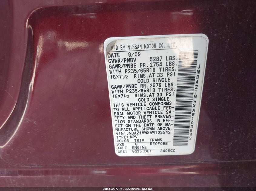 2010 Nissan Murano VIN JN8AZ1MWXAW103542 IAAI salvage auction — FRONT END, Salvage (Idaho), sold $100 on 2026-07-09 (photo 9)