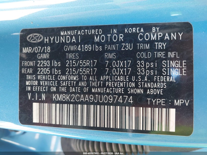 2018 Hyundai Kona VIN KM8K2CAA9JU097474 IAAI salvage auction — ROLLOVER, Salvage Title, sold $800 on 2026-07-16 (photo 9)