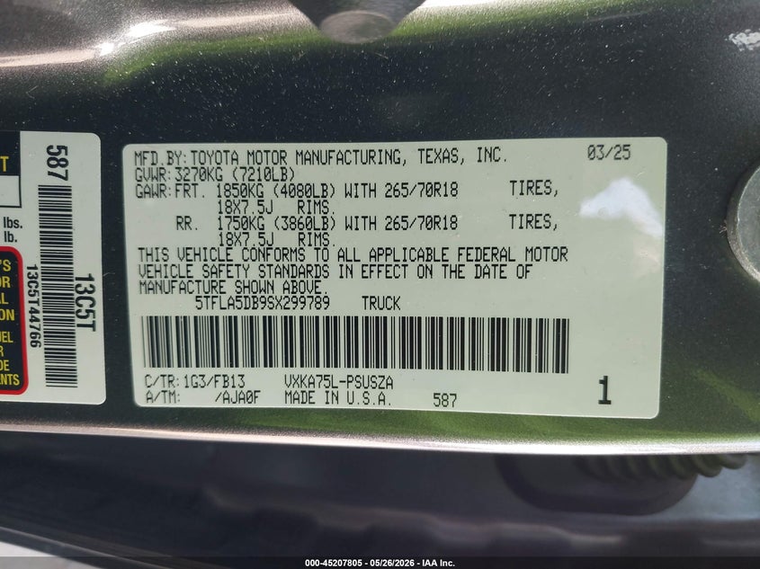 2025 Toyota Tundra VIN 5TFLA5DB9SX299789 IAAI salvage auction — REAR END, Mv-907A (New York), sold $14,200 on 2026-07-14 (photo 9)