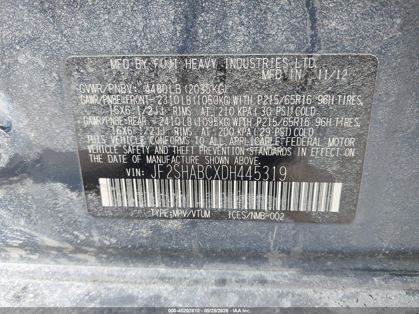 2013 Subaru Forester VIN JF2SHABCXDH445319 IAAI salvage auction — FRONT END, Salvage Title, sold $225 on 2026-07-14 (photo 9)