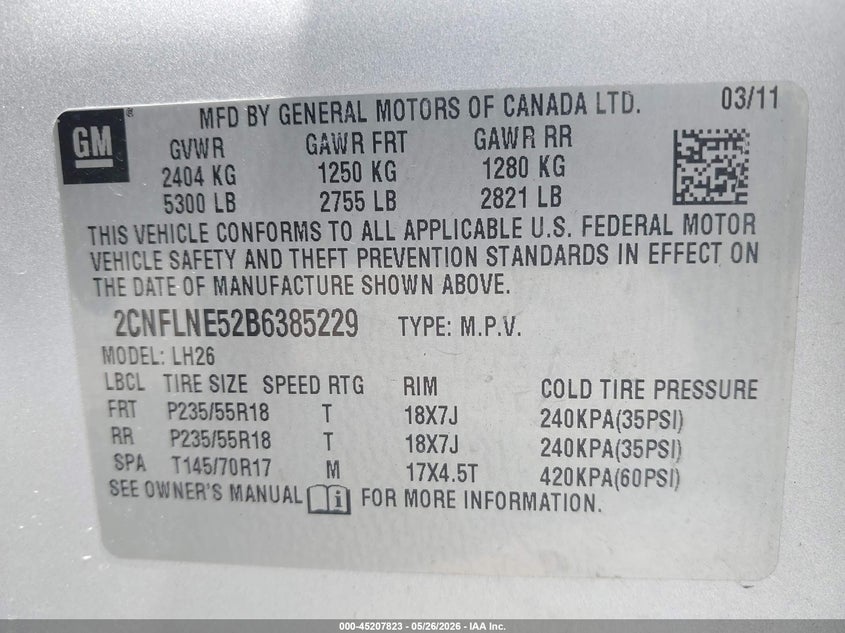 2011 Chevrolet Equinox VIN 2CNFLNE52B6385229 IAAI salvage auction — FRONT END, Salvage (Iowa), sold $825 on 2026-07-11 (photo 9)