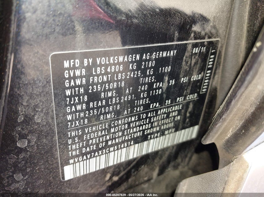 2012 Volkswagen Tiguan VIN WVGAV7AX3CW514514 IAAI salvage auction — NORMAL WEAR, Clear-Dealer Only (Arizona), sold $875 on 2026-07-28 (photo 9)