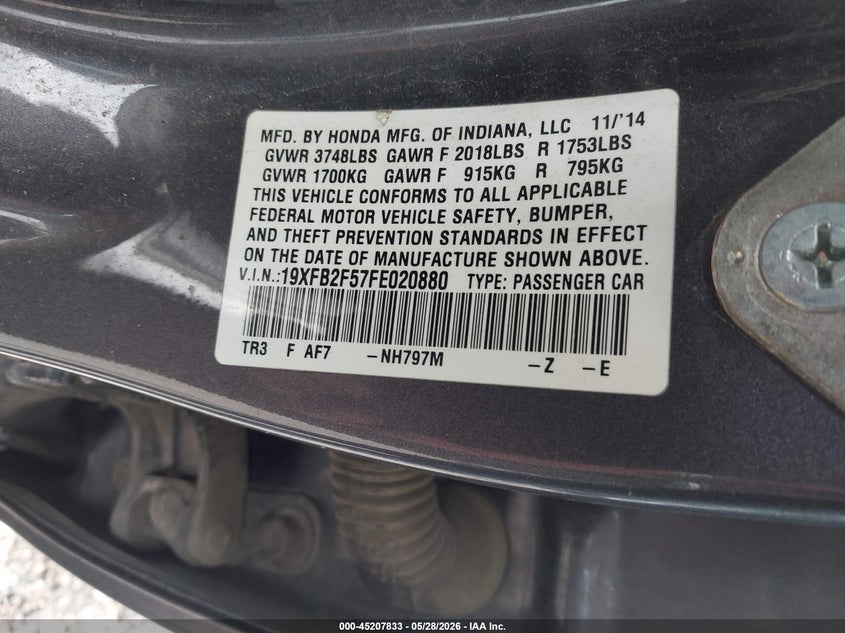 2015 Honda Civic VIN 19XFB2F57FE020880 IAAI salvage auction — RIGHT REAR, Salvage Title, sold $1,750 on 2026-07-28 (photo 9)