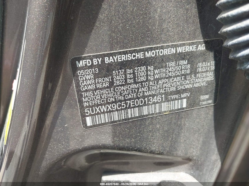 2014 BMW X3 VIN 5UXWX9C57E0D13461 IAAI salvage auction — NORMAL WEAR, Clear (Texas), sold $1,325 on 2026-07-06 (photo 9)