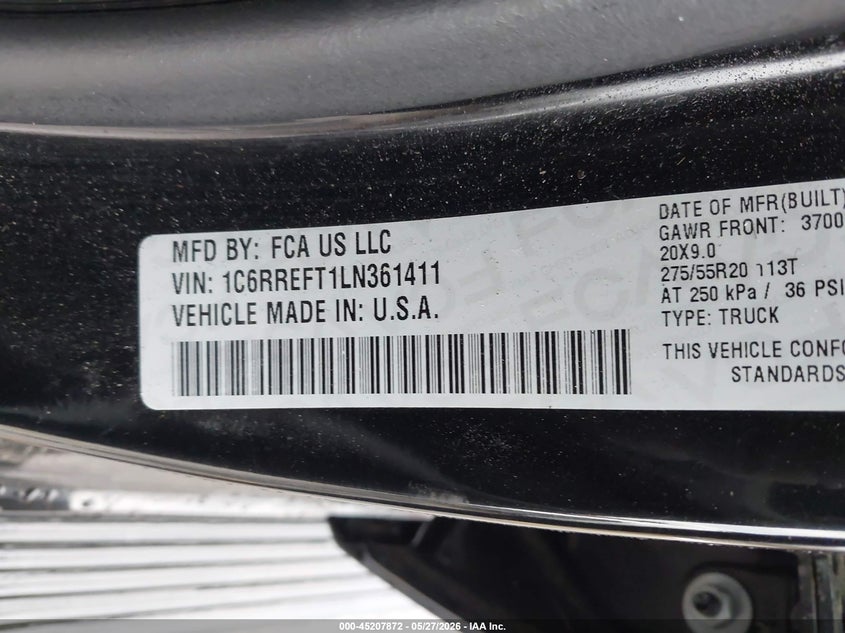 2020 Ram 1500 VIN 1C6RREFT1LN361411 IAAI salvage auction — FRONT END, Original (Texas), sold $7,000 on 2026-08-27 (photo 9)