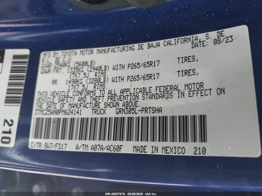 2023 Toyota Tacoma VIN 3TMCZ5AN0PM624141 IAAI salvage auction — FRONT END, Rebuildable (Florida), sold $10,400 on 2026-07-18 (photo 9)
