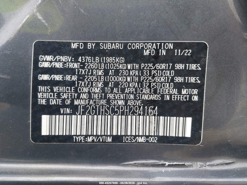 2023 Subaru Xv VIN JF2GTHSC5PH294164 IAAI salvage auction — SIDE, Salvage (Indiana), sold $25 on 2026-07-28 (photo 9)