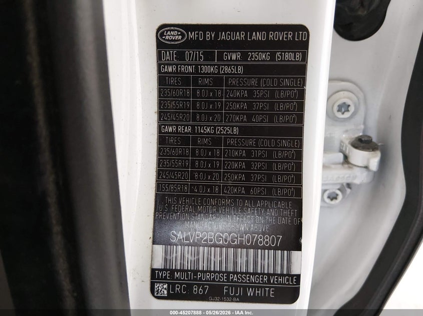 2016 Land rover Range rover evoque VIN SALVP2BG0GH078807 IAAI salvage auction — RIGHT FRONT, Bill Of Sale (Washington), sold $4,100 on 2026-07-15 (photo 9)