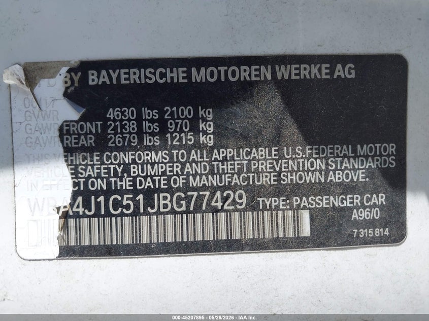 2018 BMW 4er VIN WBA4J1C51JBG77429 IAAI salvage auction — LEFT FRONT, Salvage Title, sold $2,250 on 2026-07-28 (photo 9)
