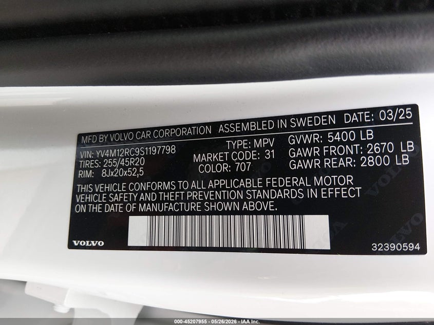 2025 Volvo Xc60 VIN YV4M12RC9S1197798 IAAI salvage auction — SIDE, Salvage (Indiana), sold $16,500 on 2026-08-12 (photo 9)