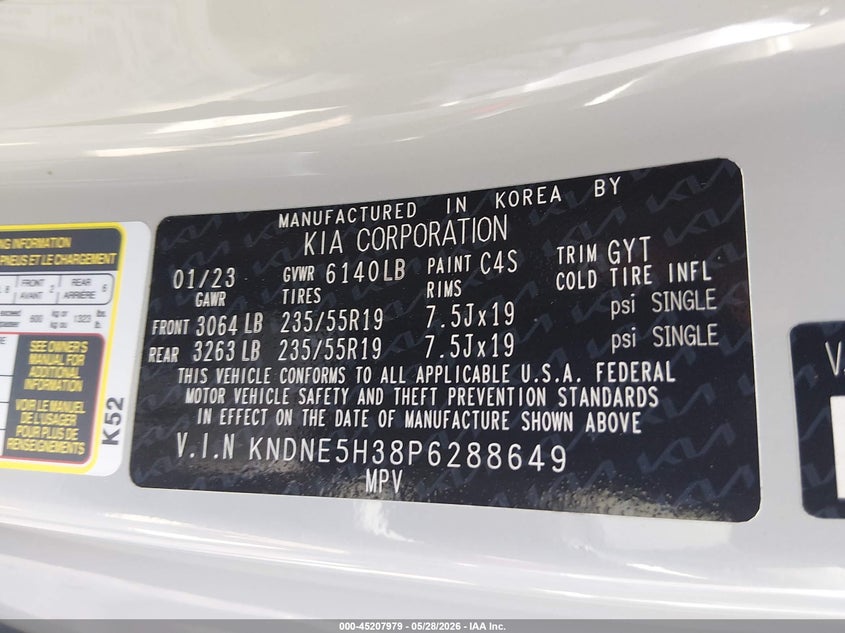 2023 Kia Carnival VIN KNDNE5H38P6288649 IAAI salvage auction — FRONT END, Salvage Title, sold $8,700 on 2026-07-29 (photo 9)