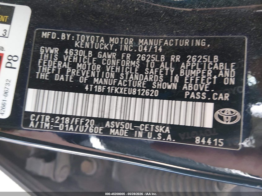 2014 Toyota Camry VIN 4T1BF1FKXEU812620 IAAI salvage auction — FRONT END, Salvage Title, sold $1,450 on 2026-07-22 (photo 9)