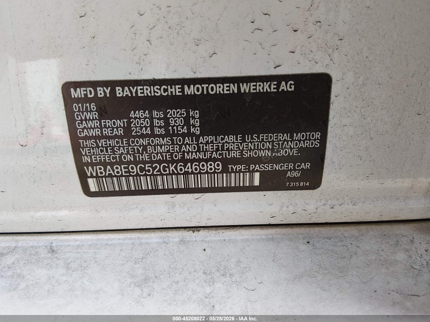 2016 BMW 3er VIN WBA8E9C52GK646989 IAAI salvage auction — FRONT END, Salvage Title, sold $2,600 on 2026-07-12 (photo 9)