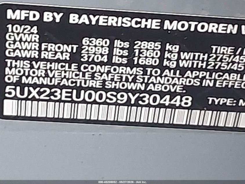 2025 BMW X5 VIN 5UX23EU00S9Y30448 IAAI salvage auction — WATER/FLOOD, Mv-907A (New York), sold $32,750 on 2026-07-13 (photo 9)