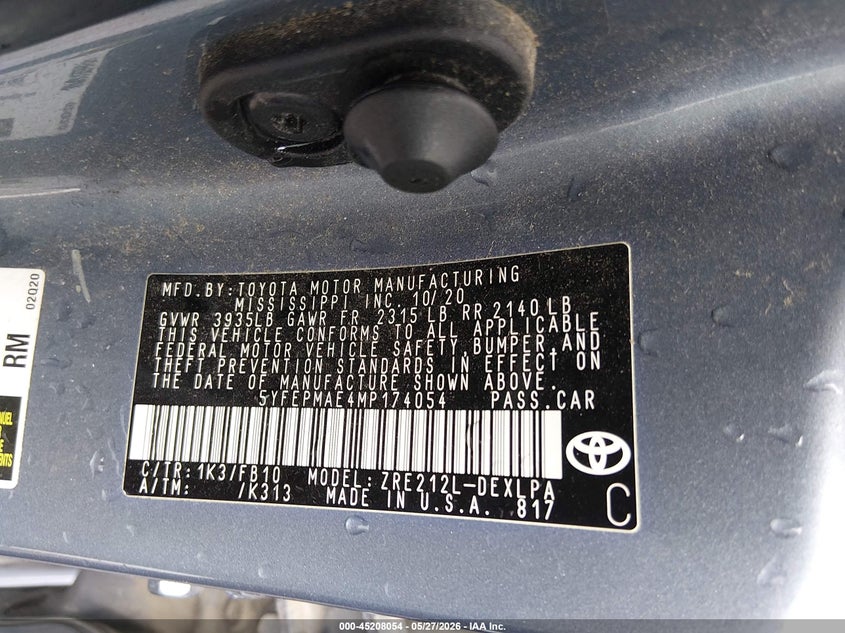 2021 Toyota Corolla VIN 5YFEPMAE4MP174054 IAAI salvage auction — FRONT END, Salvage (Tennessee), sold $3,000 on 2026-07-28 (photo 9)