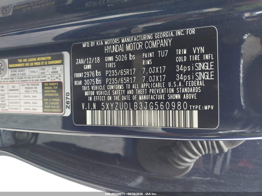 2018 Hyundai Santa fe VIN 5XYZUDLB3JG560980 IAAI salvage auction — FRONT END, Salvage (Illinois), sold $3,700 on 2026-07-28 (photo 9)