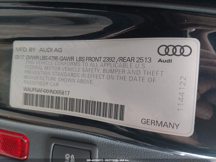 2017 Audi A4 VIN WAUFNAF4XHN065817 IAAI salvage auction — FRONT END, Salvage (New Jersey), sold $8,700 on 2026-07-16 (photo 9)