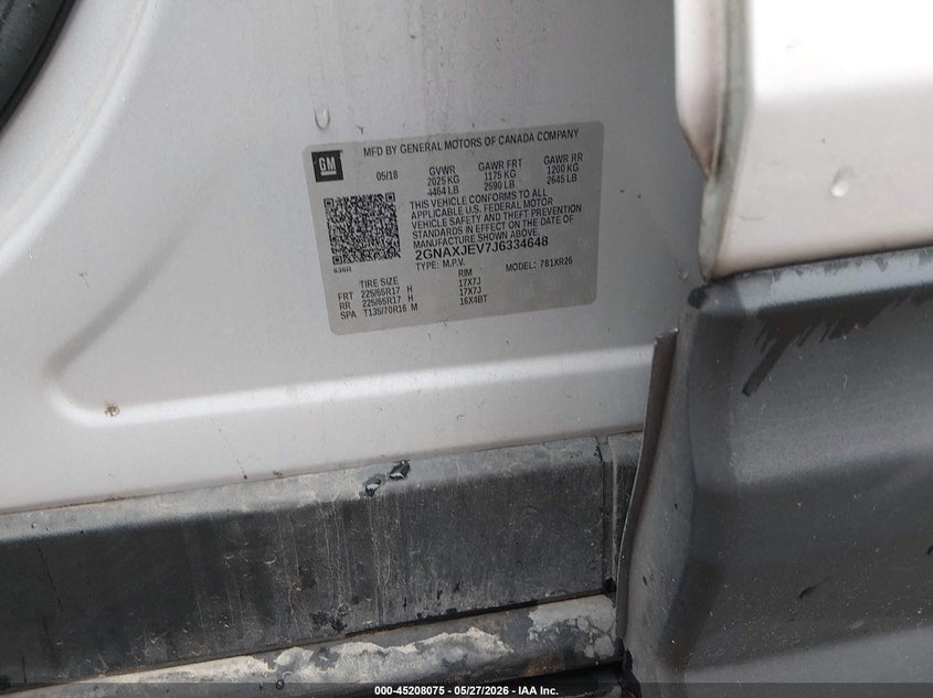 2018 Chevrolet Equinox VIN 2GNAXJEV7J6334648 IAAI salvage auction — RIGHT SIDE, Salvage Title, sold $2,300 on 2026-07-29 (photo 9)
