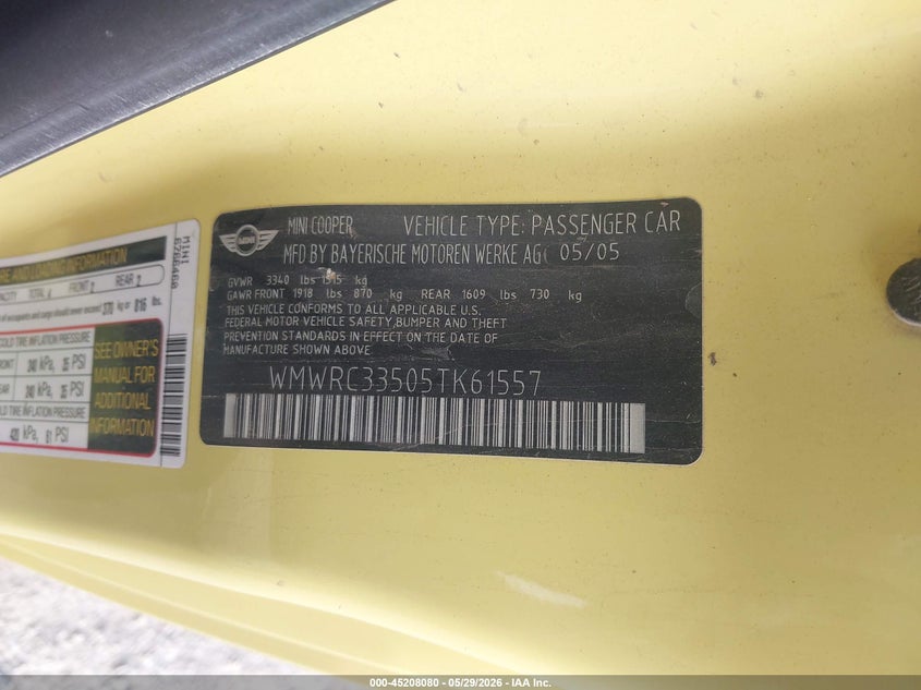 2005 Mini Cooper VIN WMWRC33505TK61557 IAAI salvage auction — HAIL, Original (Texas), sold $1,100 on 2026-07-09 (photo 9)