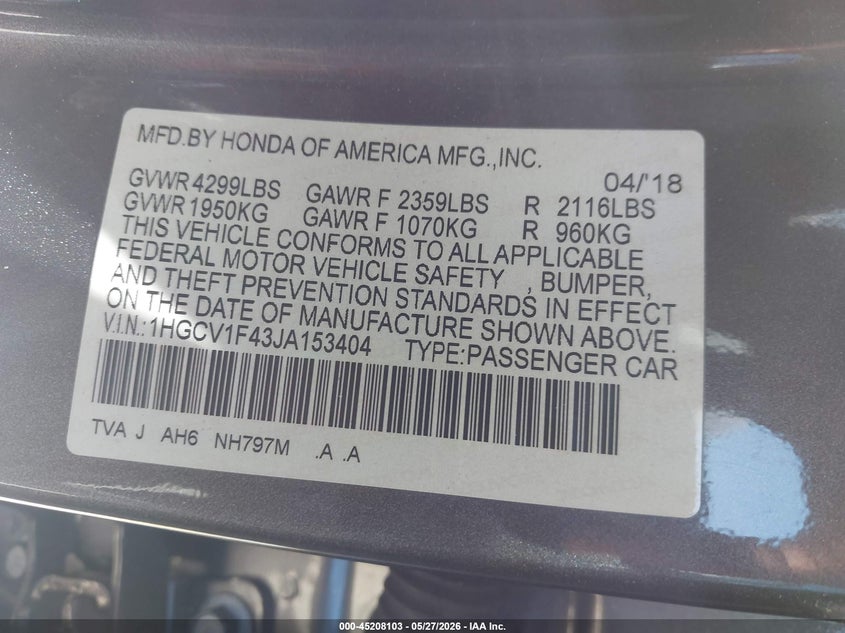 2018 Honda Accord VIN 1HGCV1F43JA153404 IAAI salvage auction — LEFT REAR, Salvage Title, sold $4,500 on 2026-07-09 (photo 9)
