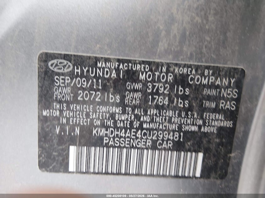 2012 Hyundai Elantra VIN KMHDH4AE4CU299481 IAAI salvage auction — REAR END, Original (Texas), sold $450 on 2026-07-28 (photo 9)