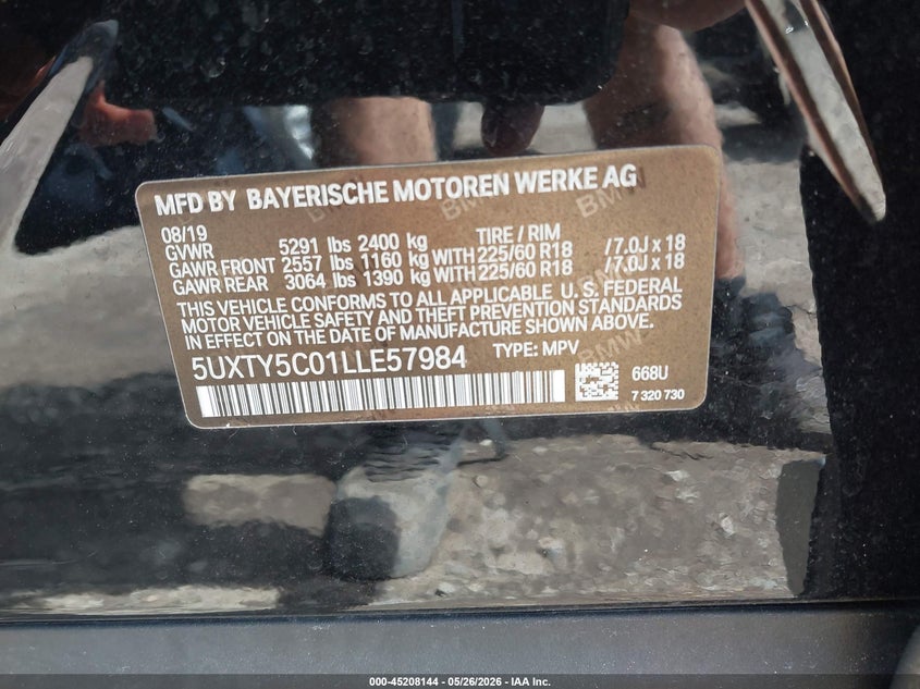 2020 BMW X3 VIN 5UXTY5C01LLE57984 IAAI salvage auction — REAR END, Mv-907A (New York), sold $11,200 on 2026-08-02 (photo 9)