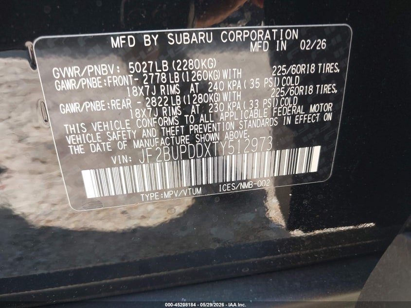 2026 Subaru Outback VIN JF2BUPDDXTY512973 IAAI salvage auction — HAIL, Salvage Title, sold $23,600 on 2026-07-15 (photo 9)
