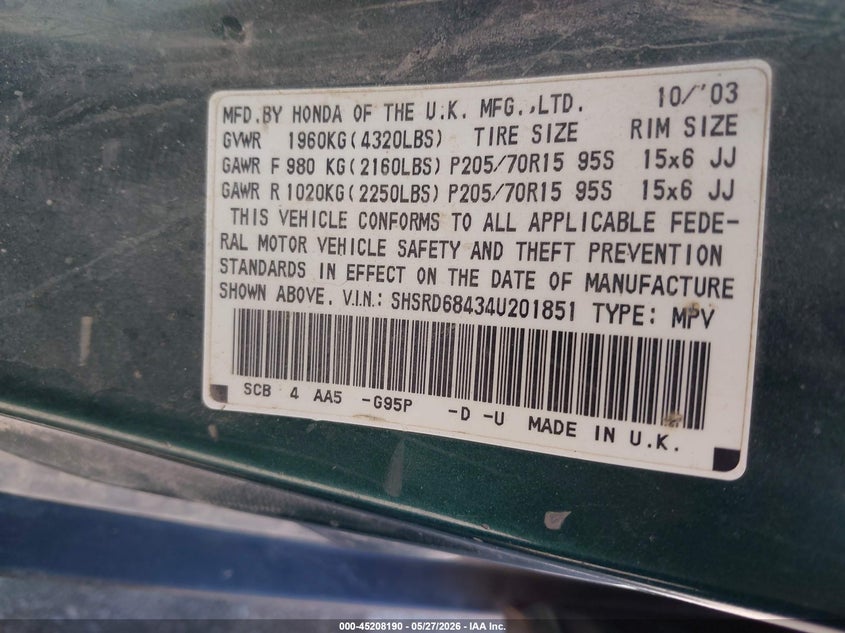 2004 Honda Cr-v VIN SHSRD68434U201851 IAAI salvage auction — HAIL, Dealer (Iowa), sold $525 on 2026-07-14 (photo 9)