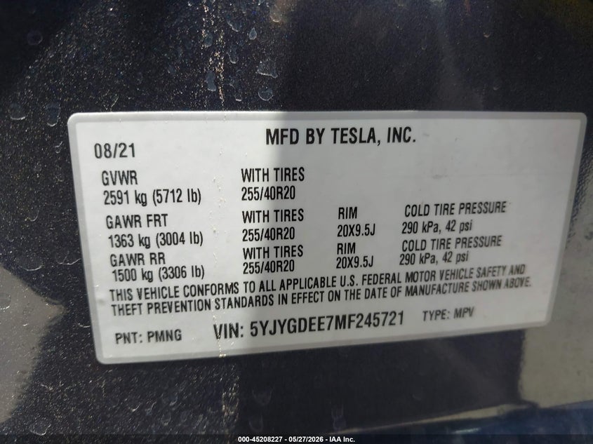 2021 Tesla Model y VIN 5YJYGDEE7MF245721 IAAI salvage auction — LEFT FRONT, Salvage Title, sold $6,550 on 2026-07-14 (photo 9)