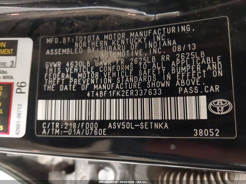 2014 Toyota Camry VIN 4T4BF1FK2ER337633 IAAI salvage auction — FRONT & REAR, Salvage (Colorado), sold $800 on 2026-07-25 (photo 9)