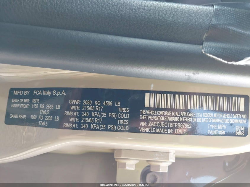 2015 Jeep Renegade VIN ZACCJBCT8FPB97952 IAAI salvage auction — FRONT END, Salvage Title, sold $825 on 2026-07-23 (photo 9)