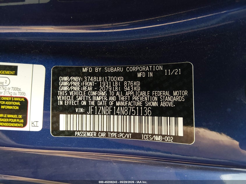 2022 Toyota Gr 86 VIN JF1ZNBF14N8751136 IAAI salvage auction — FRONT END, Salvage Title, sold $6,500 on 2026-07-22 (photo 9)