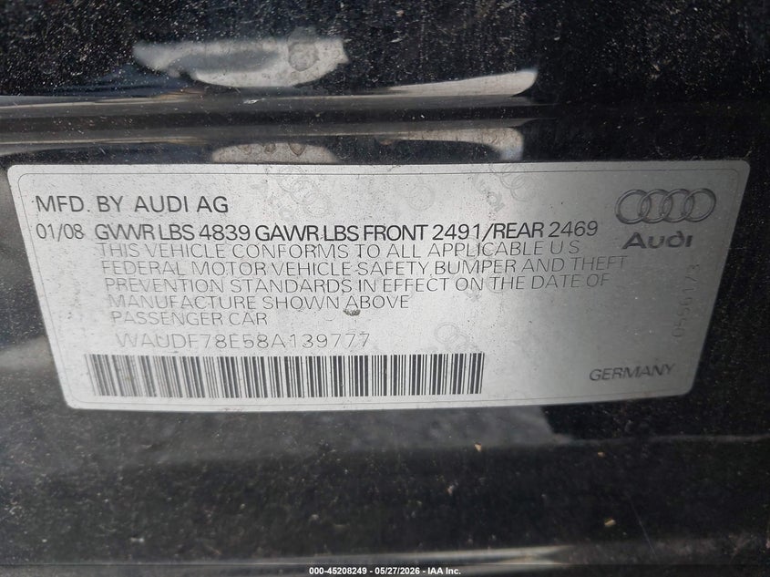 2008 Audi A4 VIN WAUDF78E58A139777 IAAI salvage auction — REAR END, Salvage (California), sold $375 on 2026-07-06 (photo 9)