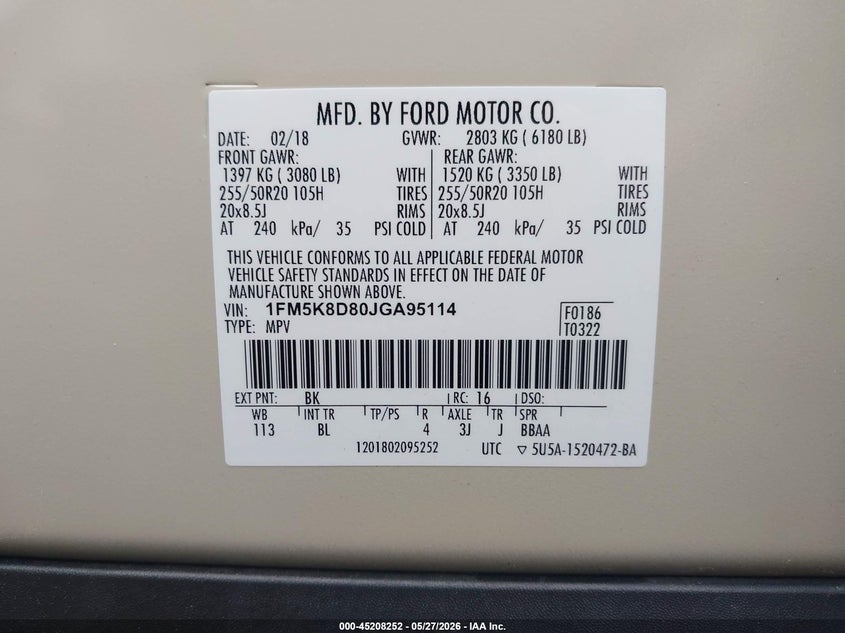 2018 Ford Explorer VIN 1FM5K8D80JGA95114 IAAI salvage auction — FRONT & REAR, Salvage (New Jersey), sold $3,200 on 2026-08-01 (photo 9)