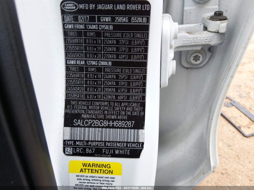 2017 Land rover Discovery sport VIN SALCP2BG8HH689287 IAAI salvage auction — FRONT END, Salvage (Alabama), sold $2,550 on 2026-08-25 (photo 9)