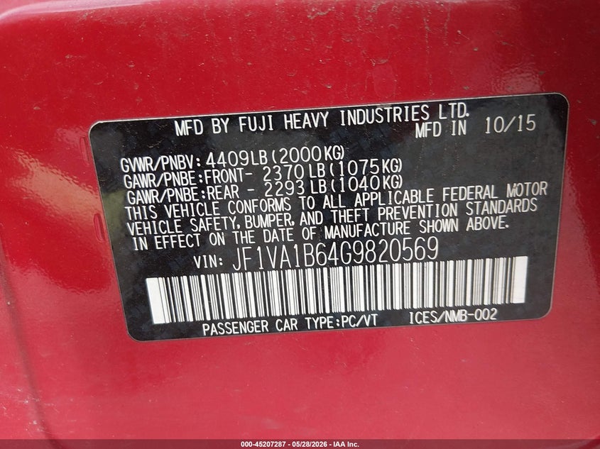 2016 Subaru Wrx VIN JF1VA1B64G9820569 IAAI salvage auction — ENGINE DAMAGE, Salvage Title, sold $2,700 on 2026-07-09 (photo 9)