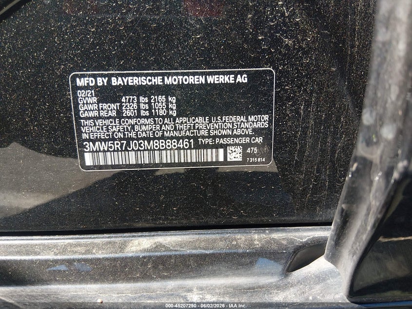2021 BMW 3er VIN 3MW5R7J03M8B88461 IAAI salvage auction — RIGHT SIDE, Salvage Title, sold $10,800 on 2026-08-24 (photo 9)
